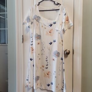 Women's XL Floral White Blue Pink  Midi Dress Asymmetrical Neck Euro Summer